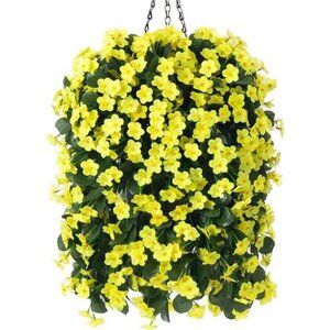 Artificial Fake Hanging Outdoor Flowers Plants Basket, Faux Silk Yellow Orchid